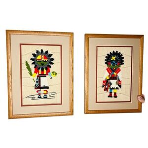 Kachina Southwest Native American Wall Art Framed 12x16" Mid Century Modern‎ Set